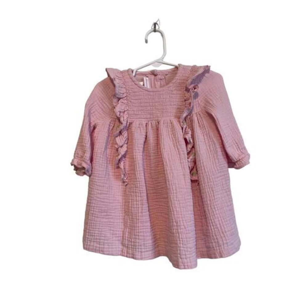 Bonnie Baby pink long sleeve ruffle dress gauzy embroidered pastel  Size 24 mon.